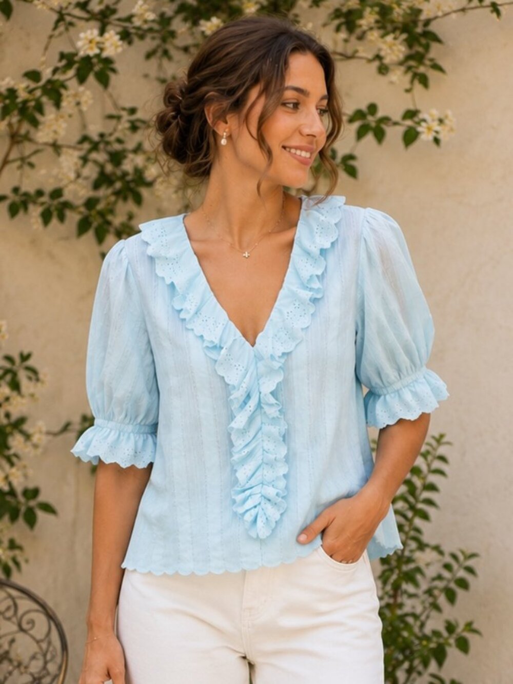 Raisonnel Womens Blue Eyelet Ruffle Puff Sleeve Blouse Top Size L Cottagecore